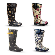 Ladies Calf Wellingtons Dog Paw Print Waterproof Buckle Winter Flat Festival