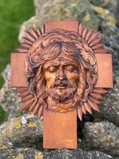 Stunning Antique Carved Wooden crucifix with carved wood face of Christ