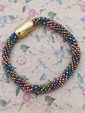 Beautiful Azuni London Gold, Blue, & Purple Seed Beaded Magnetic Bracelet