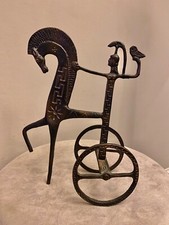 Vintage Retro Etruscan Greek Bronze Sculpture Horse Drawn Chariot Rider 10” tall