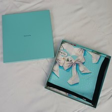 Vintage Tiffany & Co Silk Scarf Signature Blue Floral & Bows 36 Inch In Box