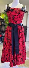 Hell Bunny Rockabilly Fit & Flare Womens Dress, Red Flocked Black Tattoo Print M