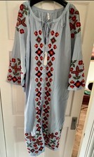 ZARA Light Blue Multi Embroidered Kaftan Dress With Fabric Belt Size L