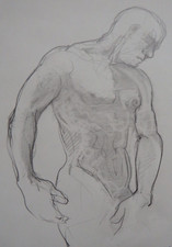 Original standing male nude expressive pencil drawing sketch on paper