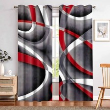 Retro Red White Striped Gray Blackout Curtains Inspiration Geometric Art Prin...