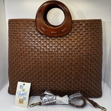 NWT Vintage Fossil Tasha Wood Top Handle Tote Woven Crossbody Strap Bag 75082