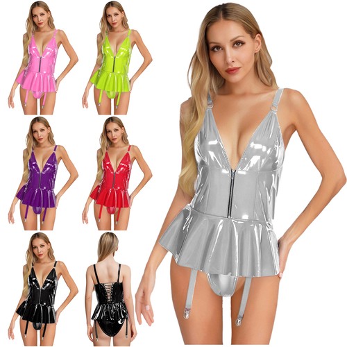 Women faux leather leotard - leather,