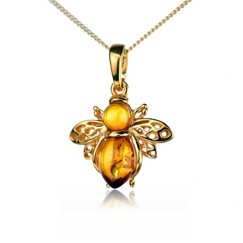 Amber bee necklace gold - bee, plated