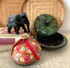 Vintage Kashmir Bowls Paper Mache Storage Pots Elephant Boho Decor Bundle