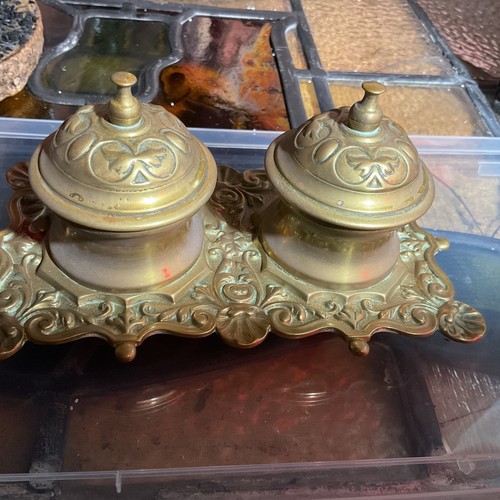 Antique brass double inkwell - brass,