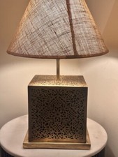 Pair of Moroccan Brass Table Lamp – Hand-Pierced Pattern with Soft Linen Shade