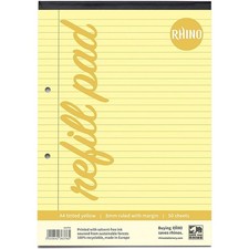 RHINO A4 Refill Pad - Yellow Paper - 8mm Lined + Margin 100 Pages 