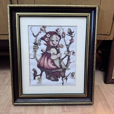 CROSS-STITCH HUMMEL Girl on a Branch Apple Tree Girl Completed Framed 1994