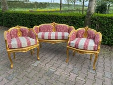 Sofa Set Louis XVI Vintage French 3-Piece Red Gold Damask Reupholstered