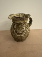 Vintage Studio Pottery Ribbed Stoneware Jug Handcrafted Speckled Glaze 7 Inch