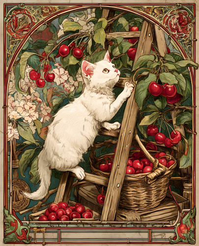 White cat climbing - cat, orchard