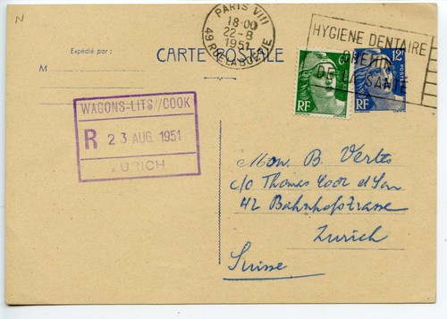 Thos cook france 1951 card - thos,