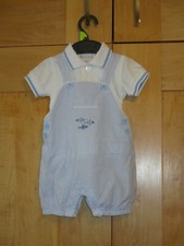 Baby Boys 6 Months 2 Piece Romper Outfit Blue Dungarees & Polo T Shirt Top Fish