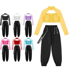 Girls Hip Hop Jazz Street Dance Costume Sequins Crop Top with Cargo Trousers Set