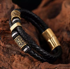 Norse Viking Compass Runes Amulet Leather Bracelet for Men Mythology Jewellery