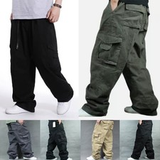 Mens Cargo Combat Trousers Loose Fit Military Casual Work Pants Multi Pockets