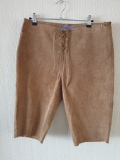 Womens Suede Leather Crop Trousers Shorts Cowboy Lace Up Camel Brown Pants UK 14