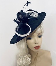 NEW Fascinator Navy Blue Ivory Cream Hatinator  Wedding Saucer Formal Ladies Hat