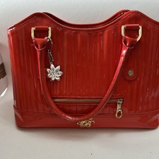 Ted Baker Red Patent Handbag with Gold Hardware and Grey Butterfly Lining