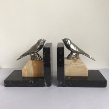 Art Deco Marble Bookends with Chromed Metal Birds Swallows 14cm high A/F