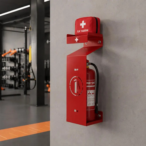 Fire extinguisher first - +,