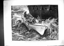 Antique Print 1872 Man Overboard Scene Lowering Ship'S Lifeboat Stormy Sea 19th