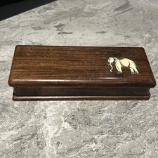 Vintage Indian Wooden Trinket Jewelry Box with Inlaid Elephant (8inX3inX1.5in)
