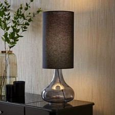 Sylvie Squat Base Smoke Glass Table Lamp Tall Black Fabric Shade Living Room LED