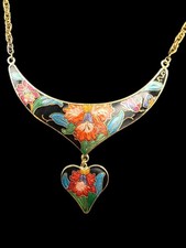 Vintage 1980s Cloisonné Floral Necklace | Gold Plated Enamel Statement Jewellery
