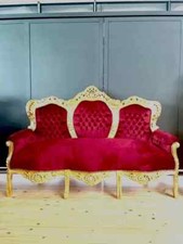 Xmas Red Velvet Lounge Sofa Louis XV Baroque Couch Handmade 3 Seater for Holiday