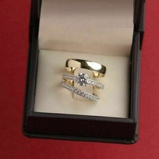 1.50Ct Round Cut Diamond Engagement Wedding Trio Ring Set 14K Yellow Gold Finish