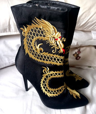 SERGIO TODZI Black Embroidered Golden Dragon High Heel Boots Size 38 UK 5