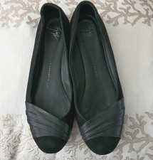 GIUSEPPE ZANOTTI Black Suede Leather Ballet Flats Ruched Design, EU 39