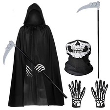 Adult Grim Reaper Halloween Costume Hooded Robe Skeleton Mask Gloves & Scythe