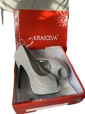 Krasceva Silver Heel Shoes Size 6. Slight Damage Shown In Left Shoe Base