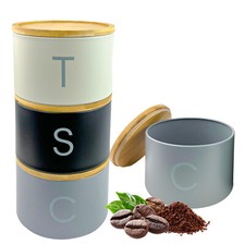 Tea Coffee Sugar Canisters Set of 3 Kitchen Food Storage Steel Jar Wooden Lid