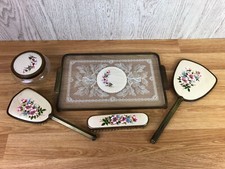 Dressing Table Vanity Set Tray Brush Mirror Jar Embroidered Petit Point Flowers 