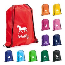 Personalised Name & Horse Silhouette Drawstring Bag Horse Riding Lessons Kit Bag