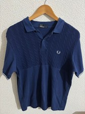 Fred Perry Men's knitted Blue Polo Shirt Medium cable knit pattern