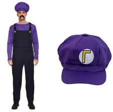 Waluigi Costume + Hat Set Fancy Dress Overalls Video Game Retro Plumber