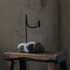 Antique unusual early 19th century wrought iron rushlight stone base, primitive