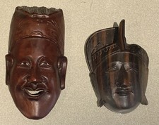 2 Small Carved Wood Ebony African Head Bali Indonesian Thai Buddha Face Vintage