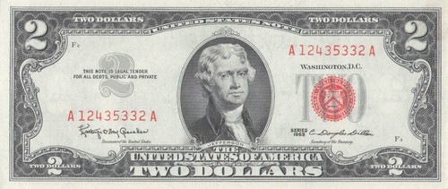 1963 two dollar note red - dollar,