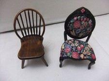 1:12th Scale Dolls House Chairs Black Floral Upholstery & Walnut Windsor Chair