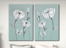 DUCK EGG BLUE PAINTING PICTURE WHITE GREY FLOWER BUTTERFLY ZEN CANVAS ART PRINT